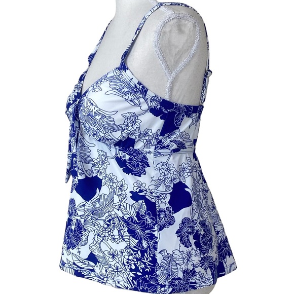 NWT Attracto Blue White Tankini Top 10 Adjustable Strap Tie Detail Floral - Picture 3 of 8